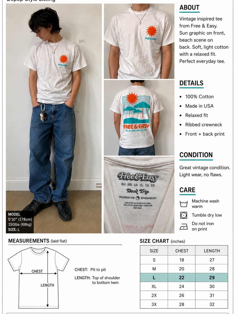 Free & Easy Relax & Enjoy Life Graphic TEE White Beach Umbrella Sun Tee Small
